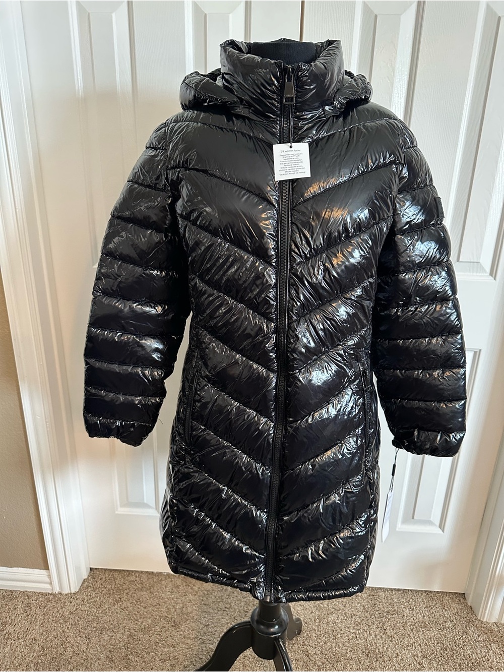 Calvin Klein Glossy Black Long Quilted Puffer Coat with Hood